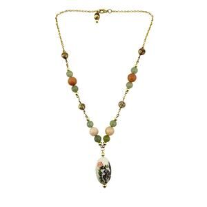 Handmade Green Jade Pink Jadeite Vintage Painted Glass Upcycled Beads Necklace